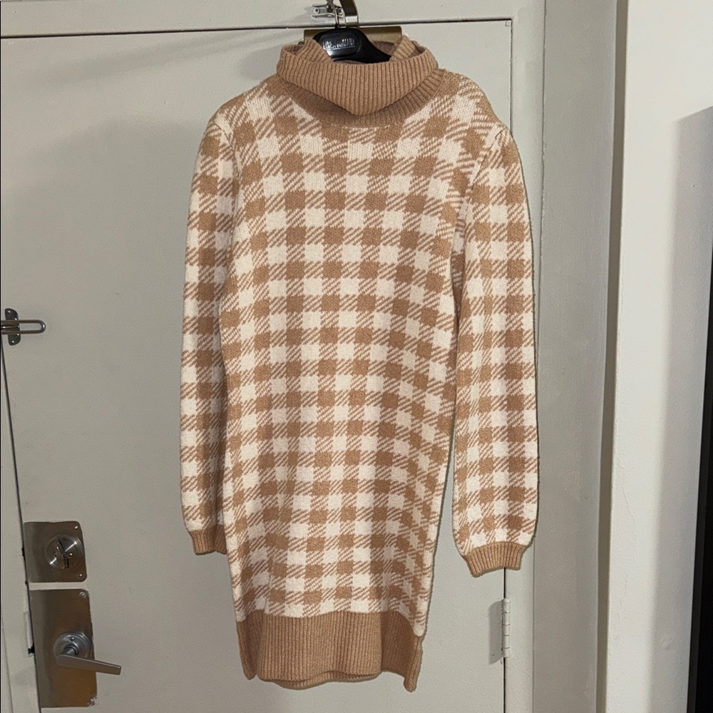 William Rast Cream and Tan Plaid Turtleneck Sweater Dress